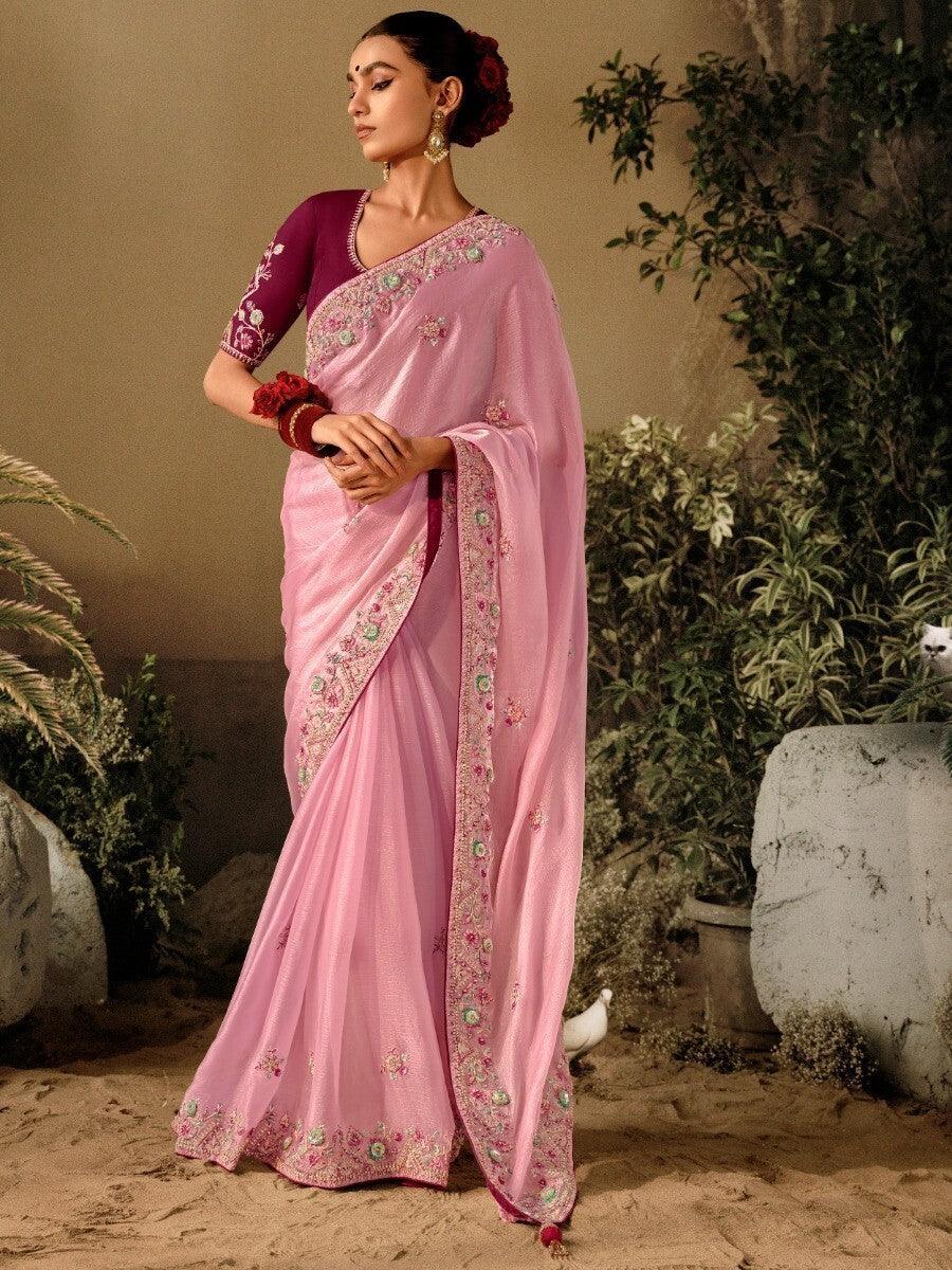Majestic Pink Sequins Silk Festive Wear Saree With Blouse