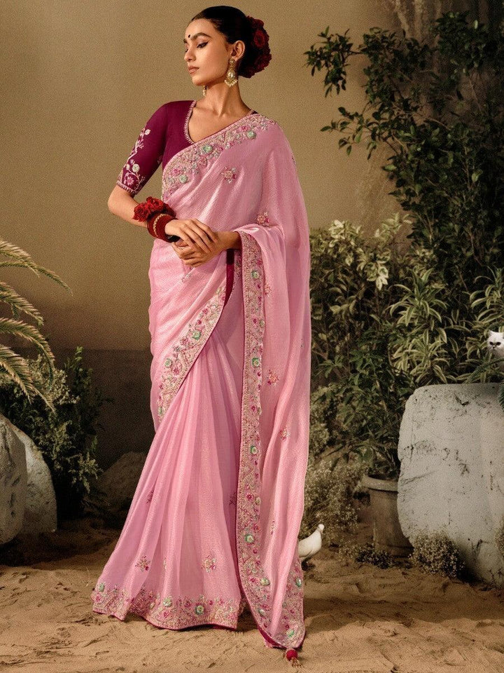 Majestic Pink Sequins Silk Festive Wear Saree With Blouse