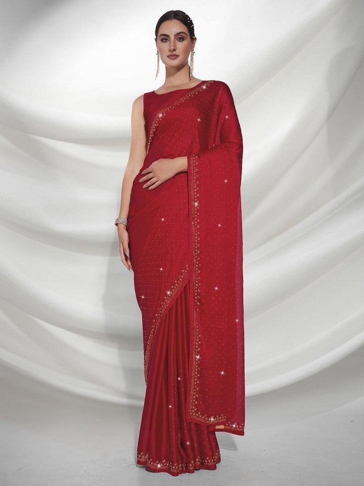 Beauteous Red Stone Work Satin Sangeet Wear Saree With Blouse