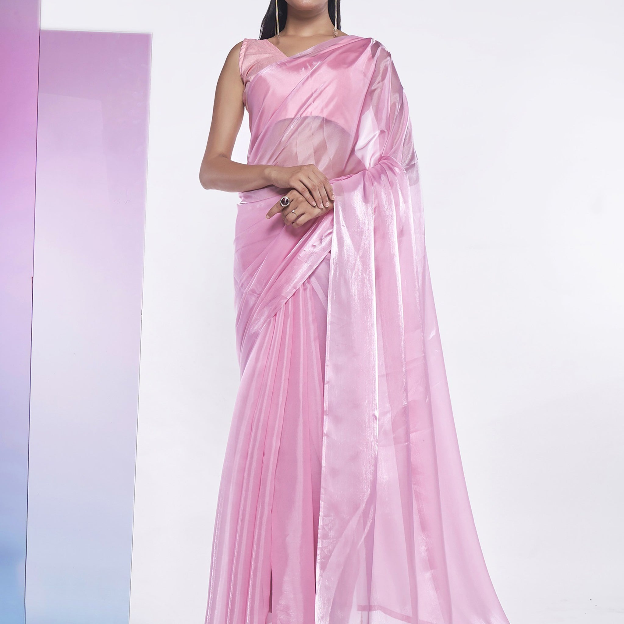 Fabulous Pink Plain Organza Festive Wear Saree With Blouse