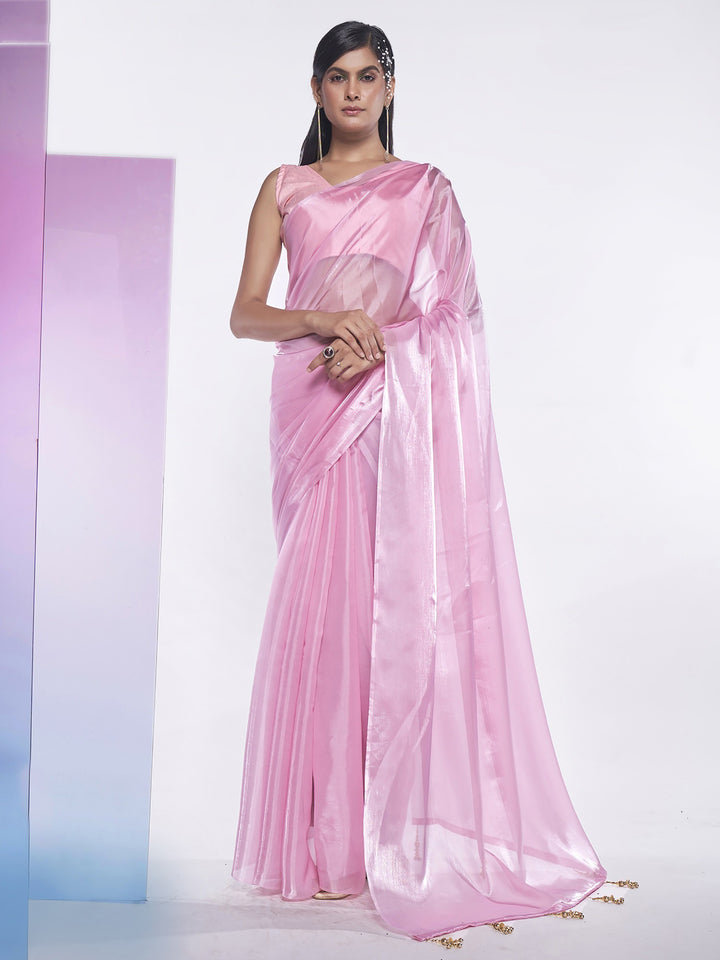 Fabulous Pink Plain Organza Festive Wear Saree With Blouse