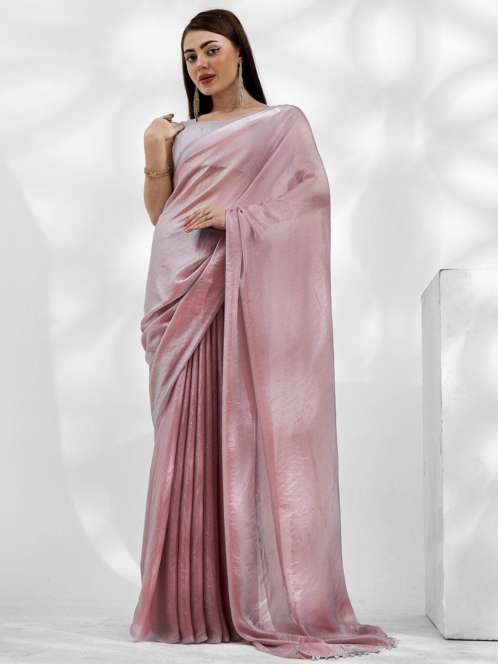 Unexpected Peach Organza Party Wear Plain Saree With Blouse