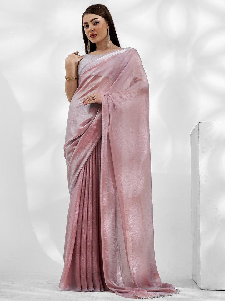 Unexpected Peach Organza Party Wear Plain Saree With Blouse
