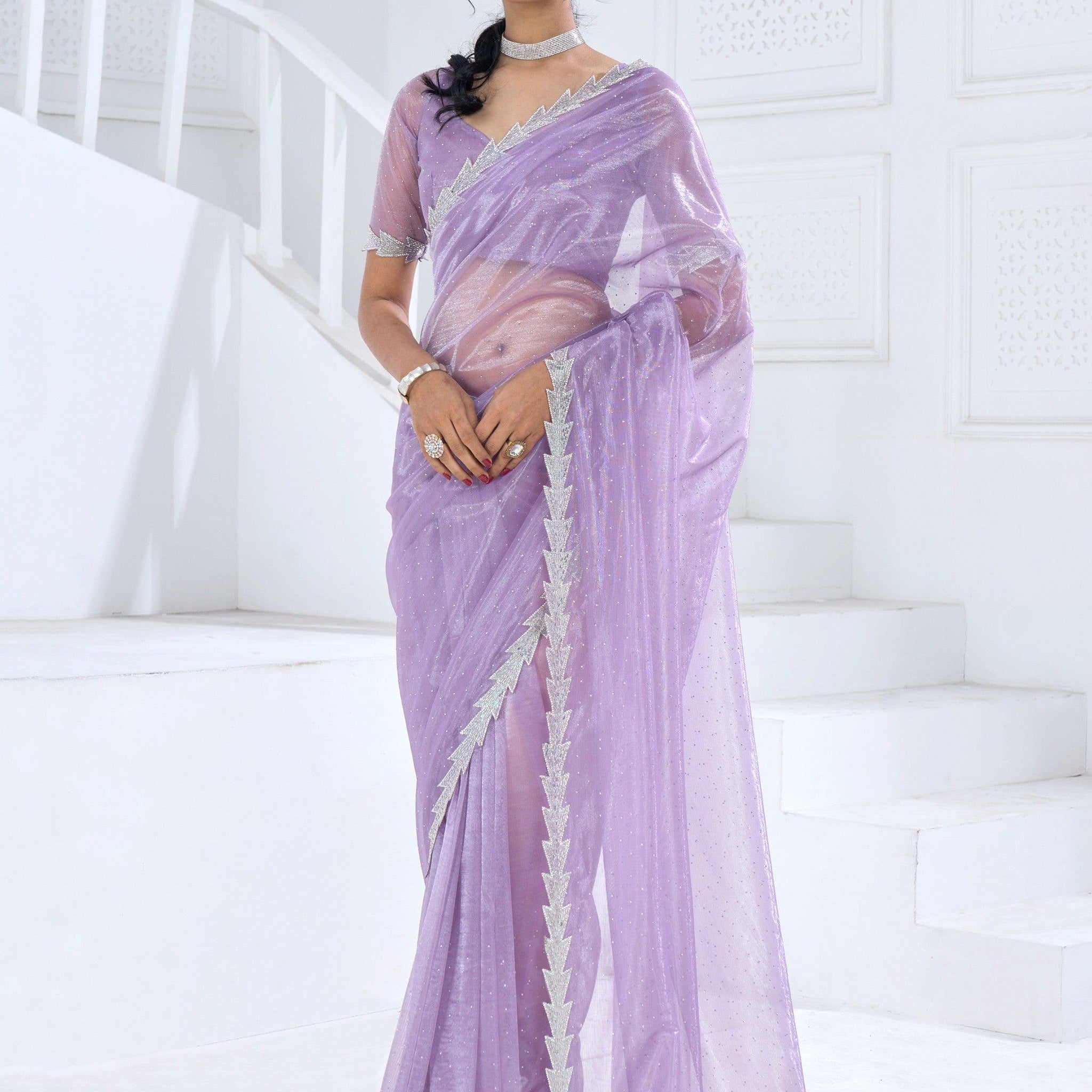 Lovely Light Purple Swarovski Work Organza Saree With Blouse