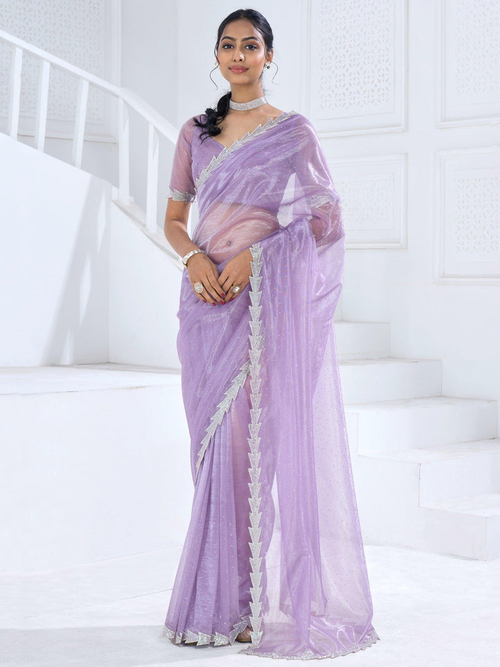 Lovely Light Purple Swarovski Work Organza Saree With Blouse