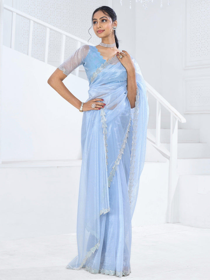 Charming Light Blue Swarovski Work Organza Saree With Blouse