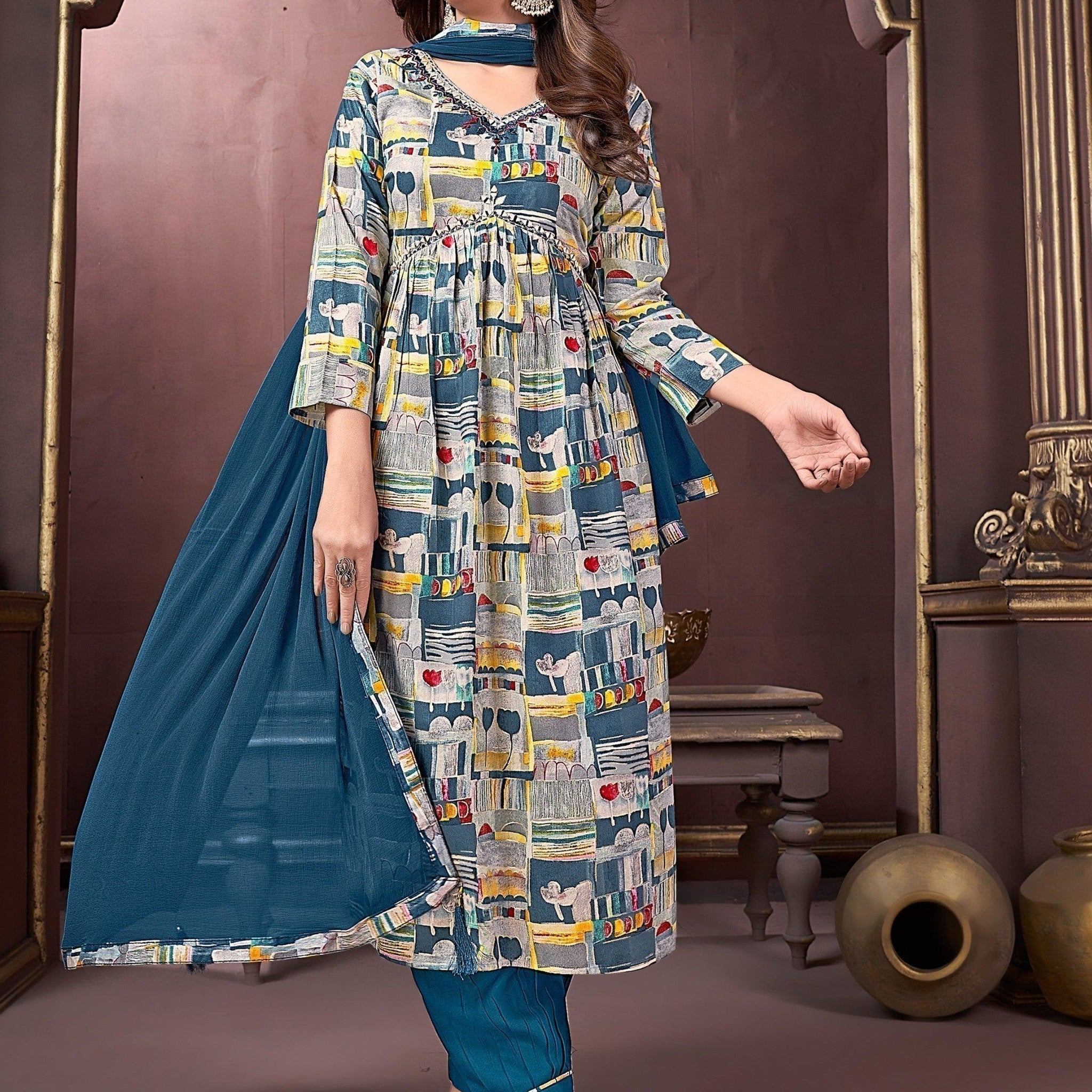 Superb Multi-Color Digital Printed Rayon Readymade Salwar Kameez