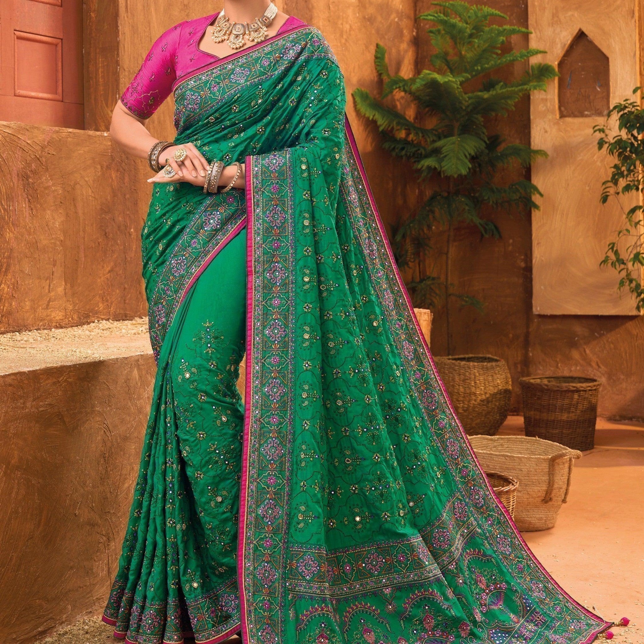 Enticing Green Mirror Work Banarasi Silk Saree With Blouse