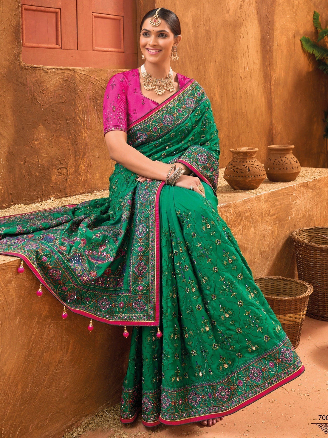 Enticing Green Mirror Work Banarasi Silk Saree With Blouse