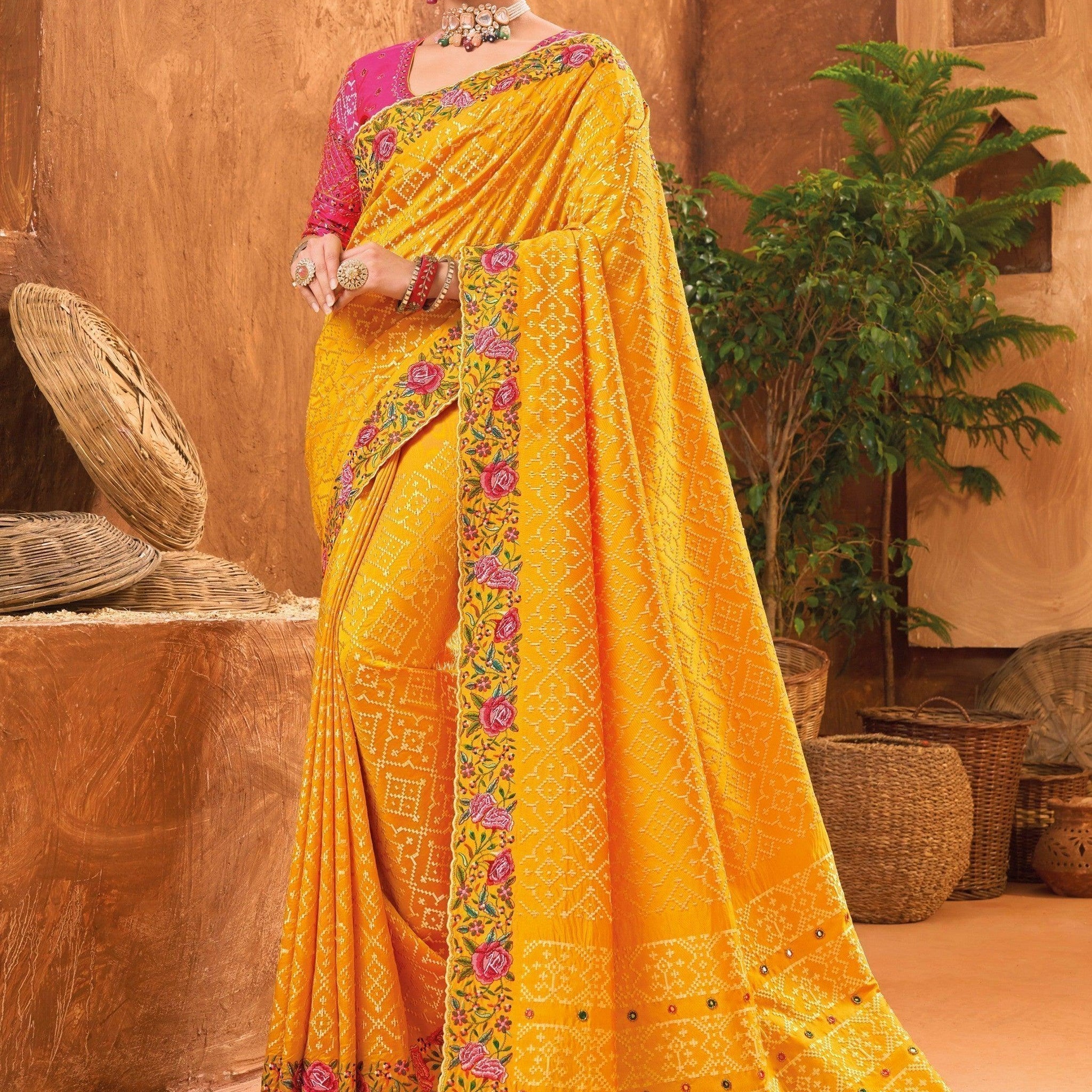 Beauteous Mustard Yellow Mirror Work Banarasi Silk Saree With Blouse