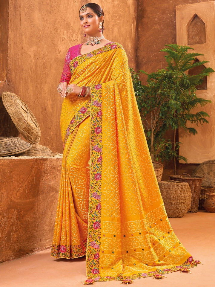 Beauteous Mustard Yellow Mirror Work Banarasi Silk Saree With Blouse
