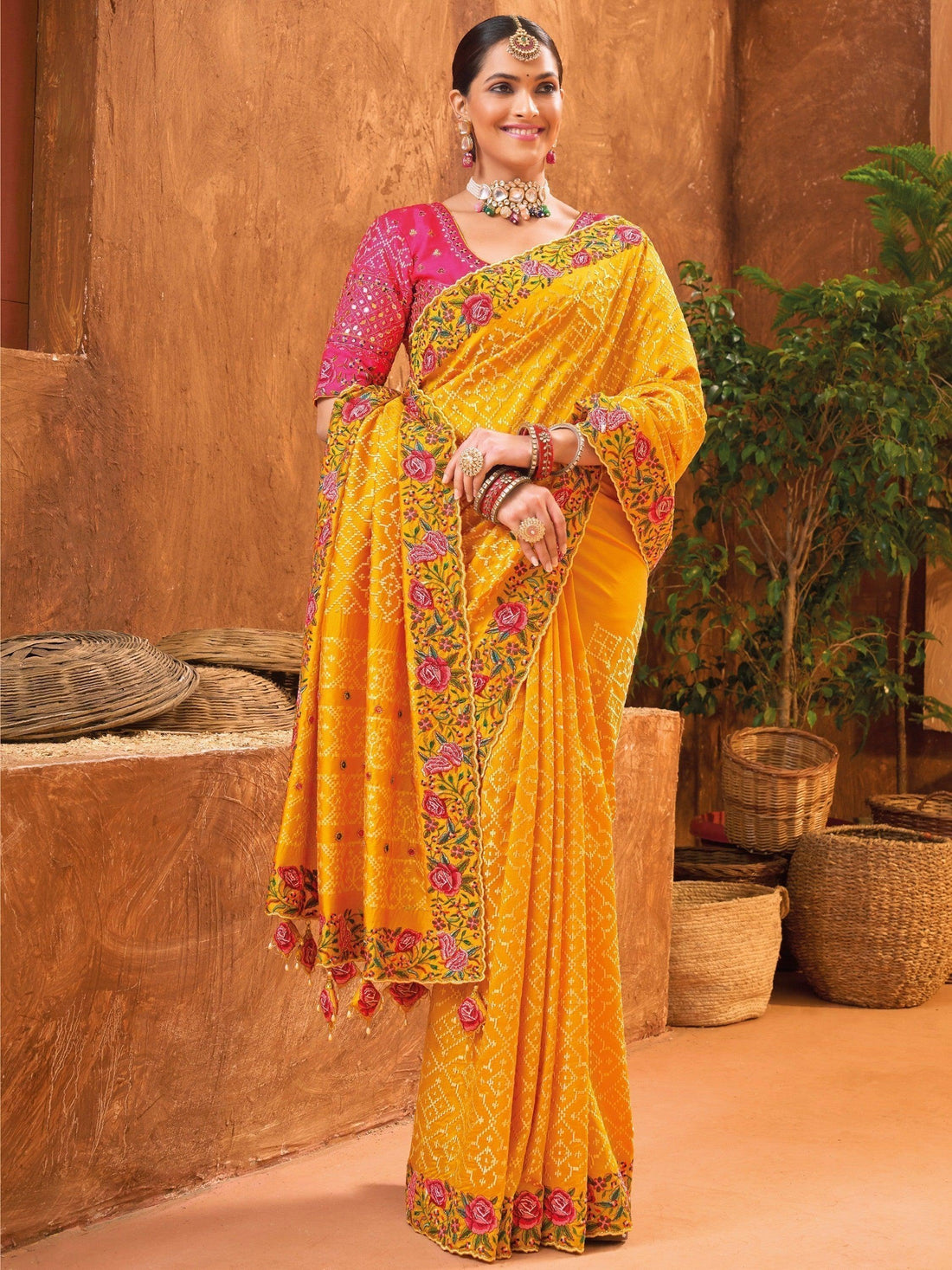 Beauteous Mustard Yellow Mirror Work Banarasi Silk Saree With Blouse