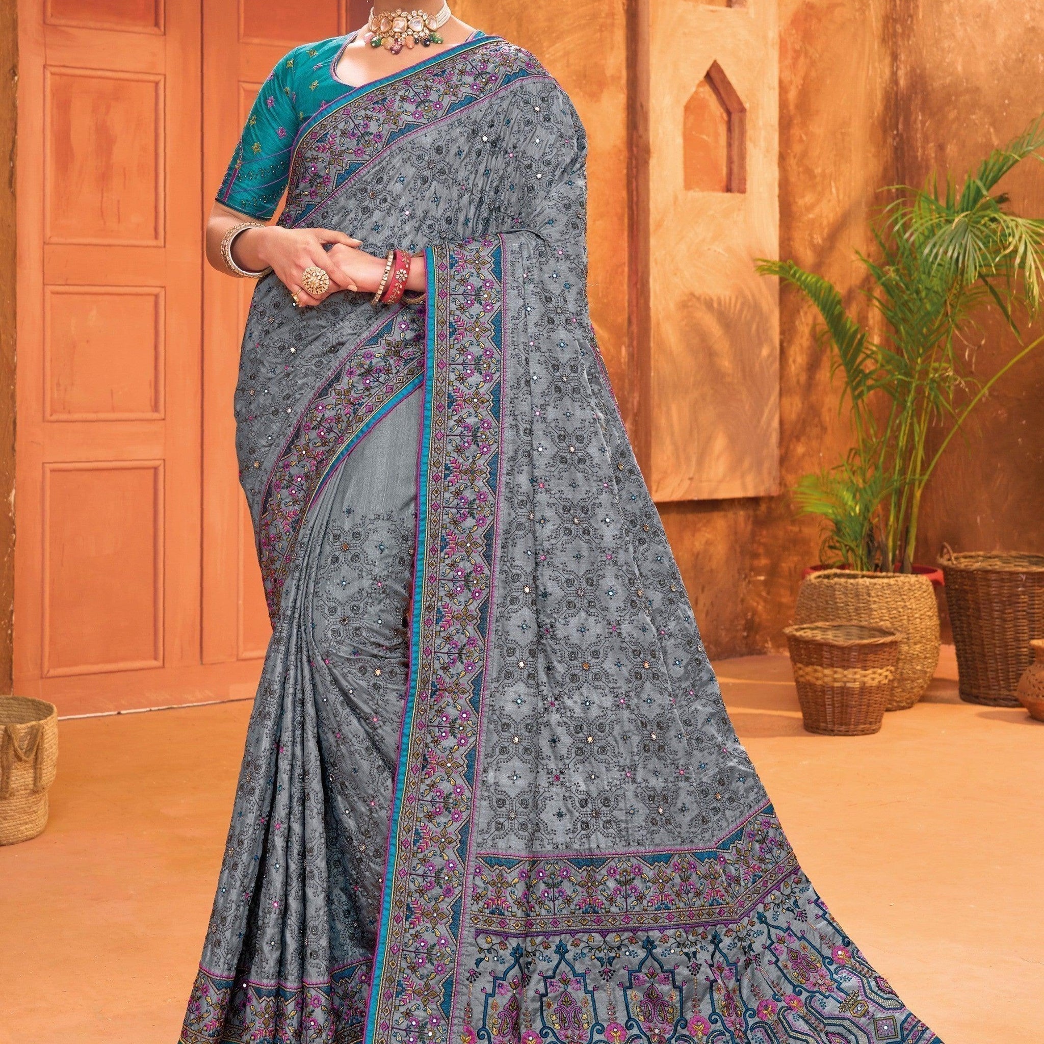 Enchanting Grey Mirror Work Banarasi Silk Saree With Blouse