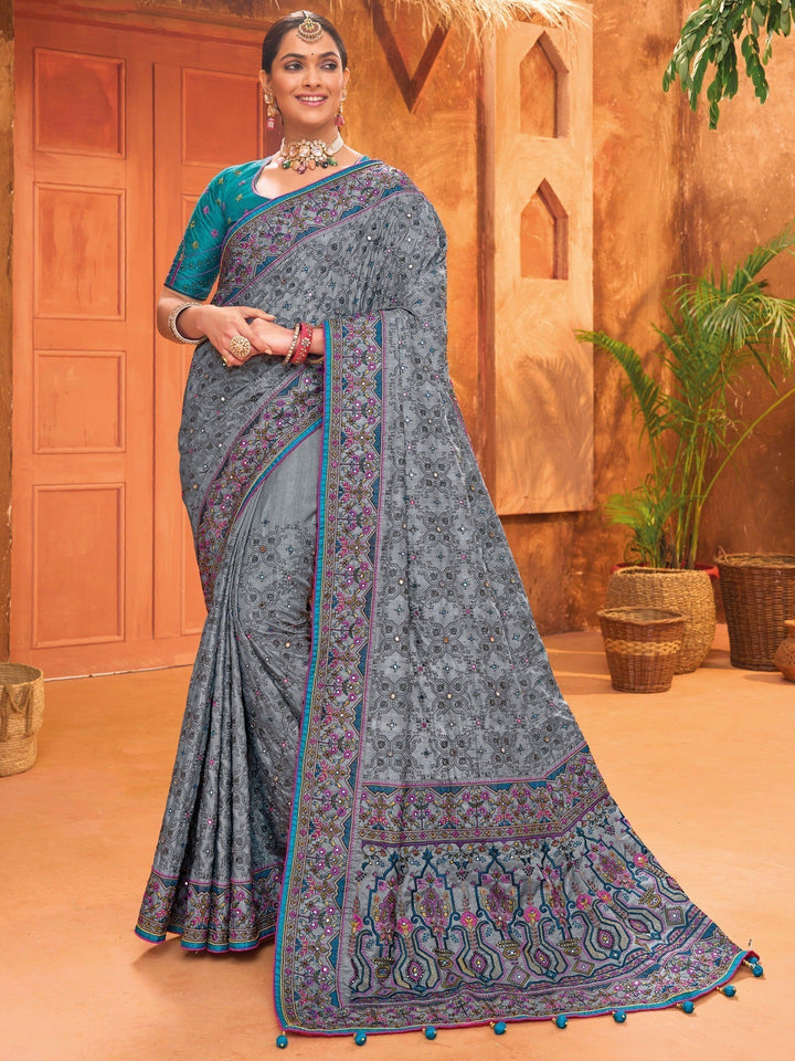 Enchanting Grey Mirror Work Banarasi Silk Saree With Blouse
