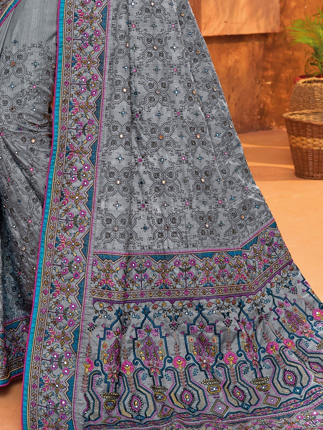 Enchanting Grey Mirror Work Banarasi Silk Saree With Blouse