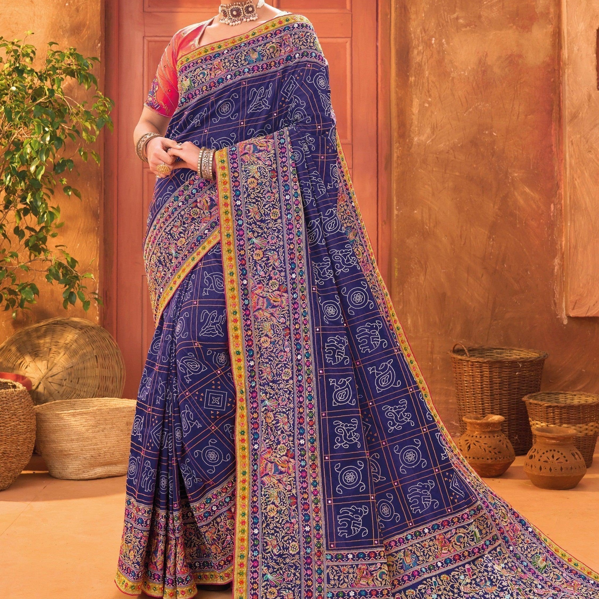 Fancified Blue Mirror Work Banarasi Silk Saree With Blouse