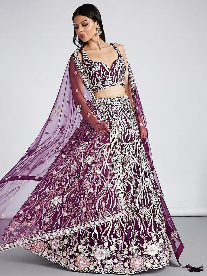 Enticing Burgundy Embroidered Net Party Wear Lehenga Choli