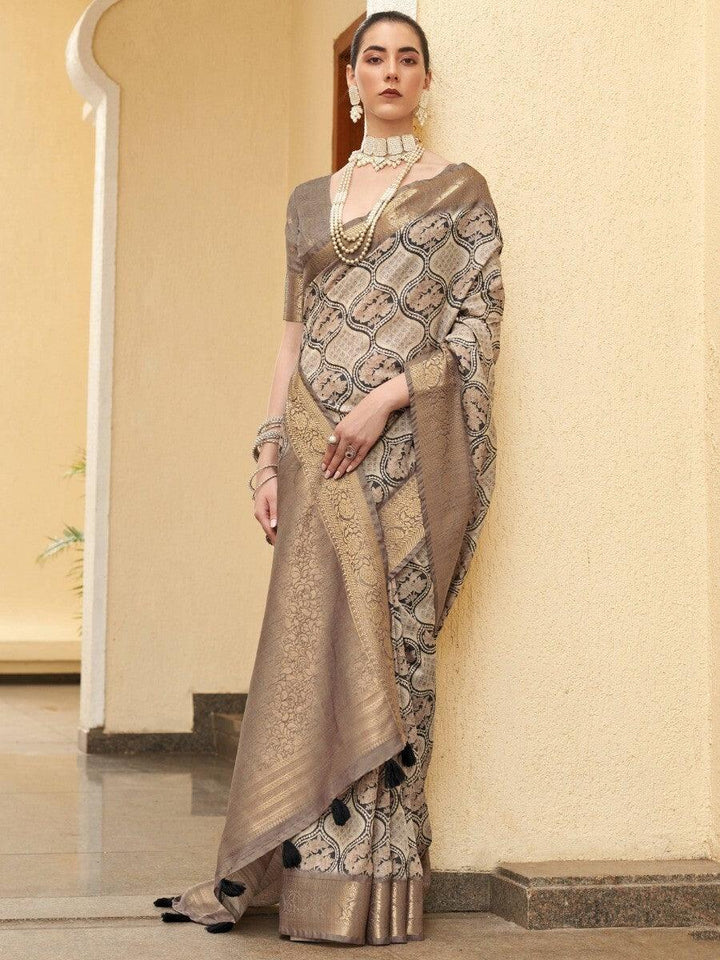 Adorable Beige Floral Printed Silk Sangeet Wear Saree With Blouse