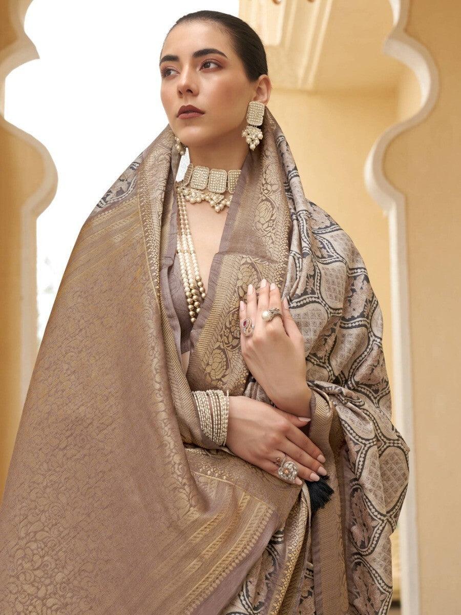 Adorable Beige Floral Printed Silk Sangeet Wear Saree With Blouse