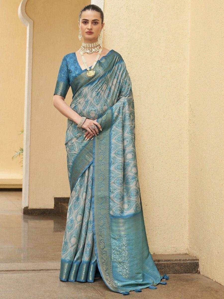Attractive Sky Blue Floral Printed Silk Reception Wear Saree With Blouse