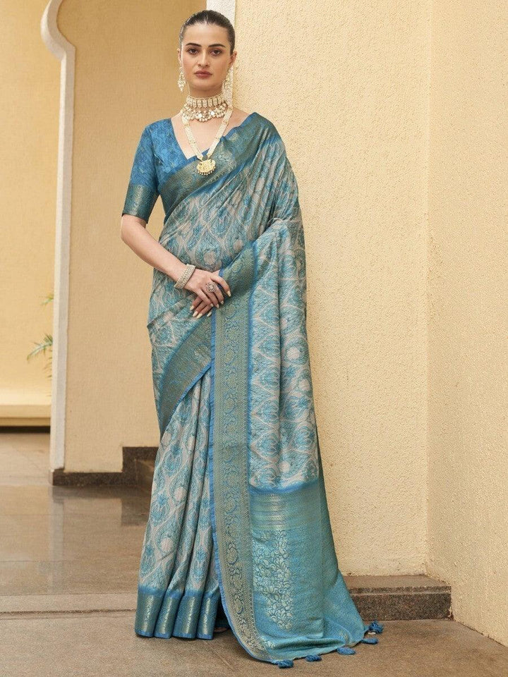 Attractive Sky Blue Floral Printed Silk Reception Wear Saree With Blouse