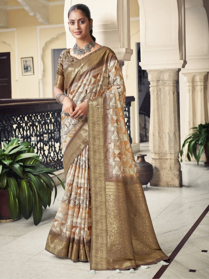 Lovely Cream & Brown Zari Woven Silk Festive Wear Saree With Blouse