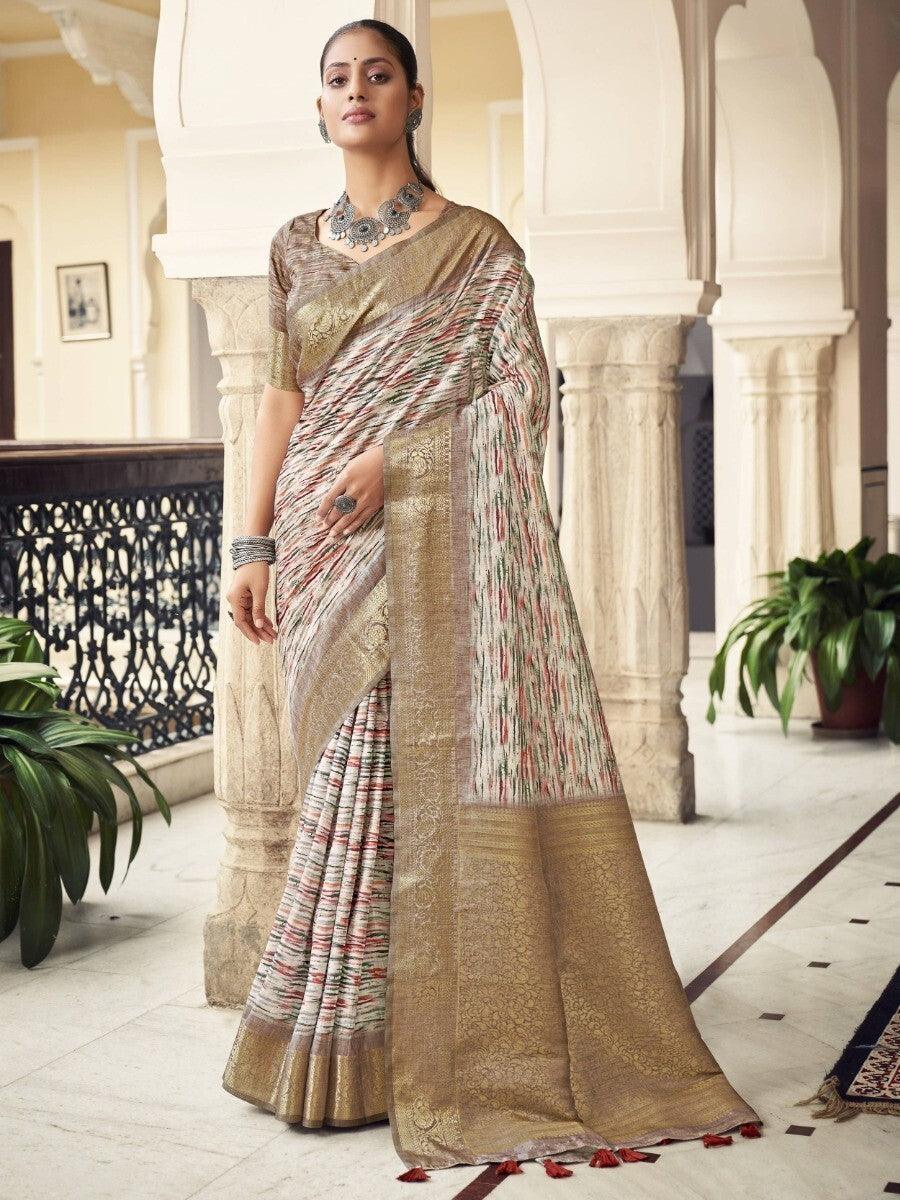 Fabulous White And Golden Digital Print Silk Saree With Blouse