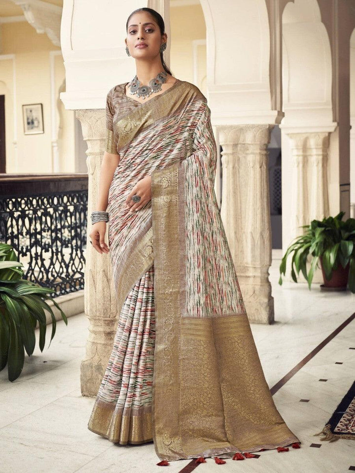 Fabulous White And Golden Digital Print Silk Saree With Blouse