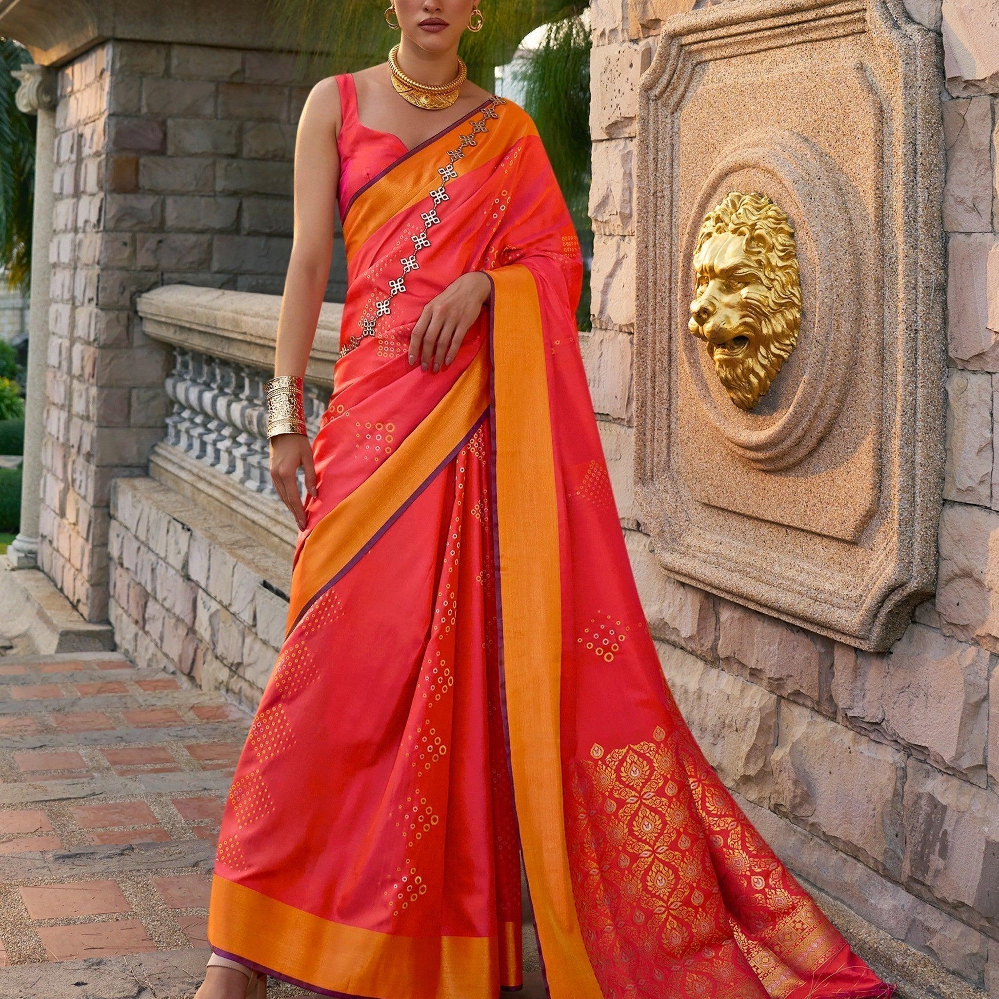 Luxurious Coral Red Zari Weaving Silk Function Wear Saree With Blouse