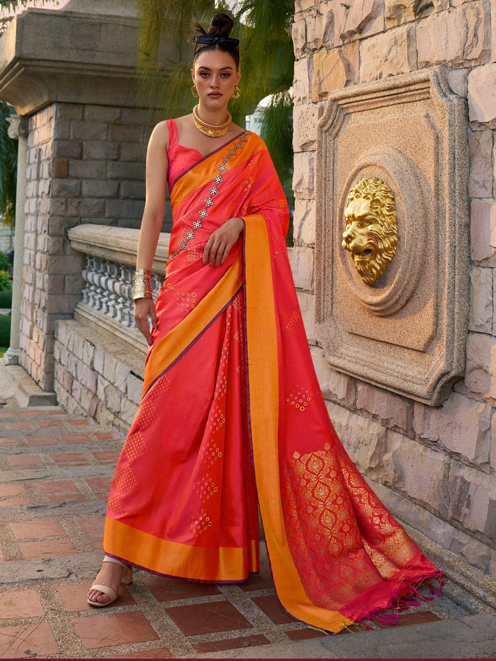 Luxurious Coral Red Zari Weaving Silk Function Wear Saree With Blouse