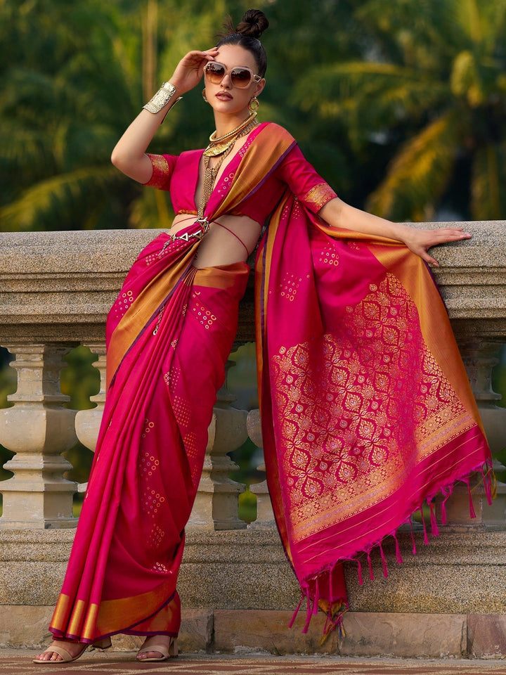 Magnific Rani Pink Zari Weaving Silk Wedding Wear Saree With Blouse