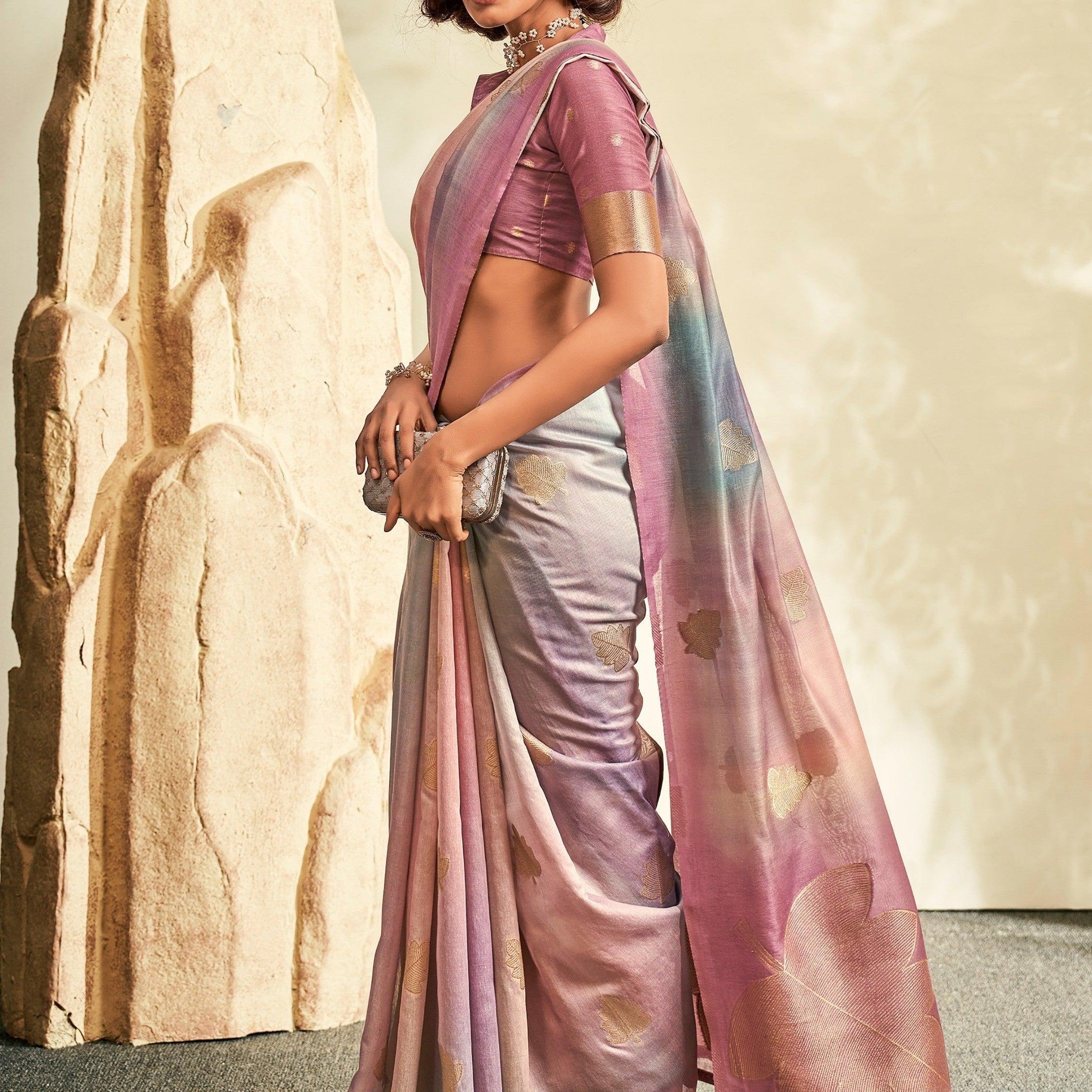 Alluring Pink Thread Work Silk Reception Wear Saree With Blouse