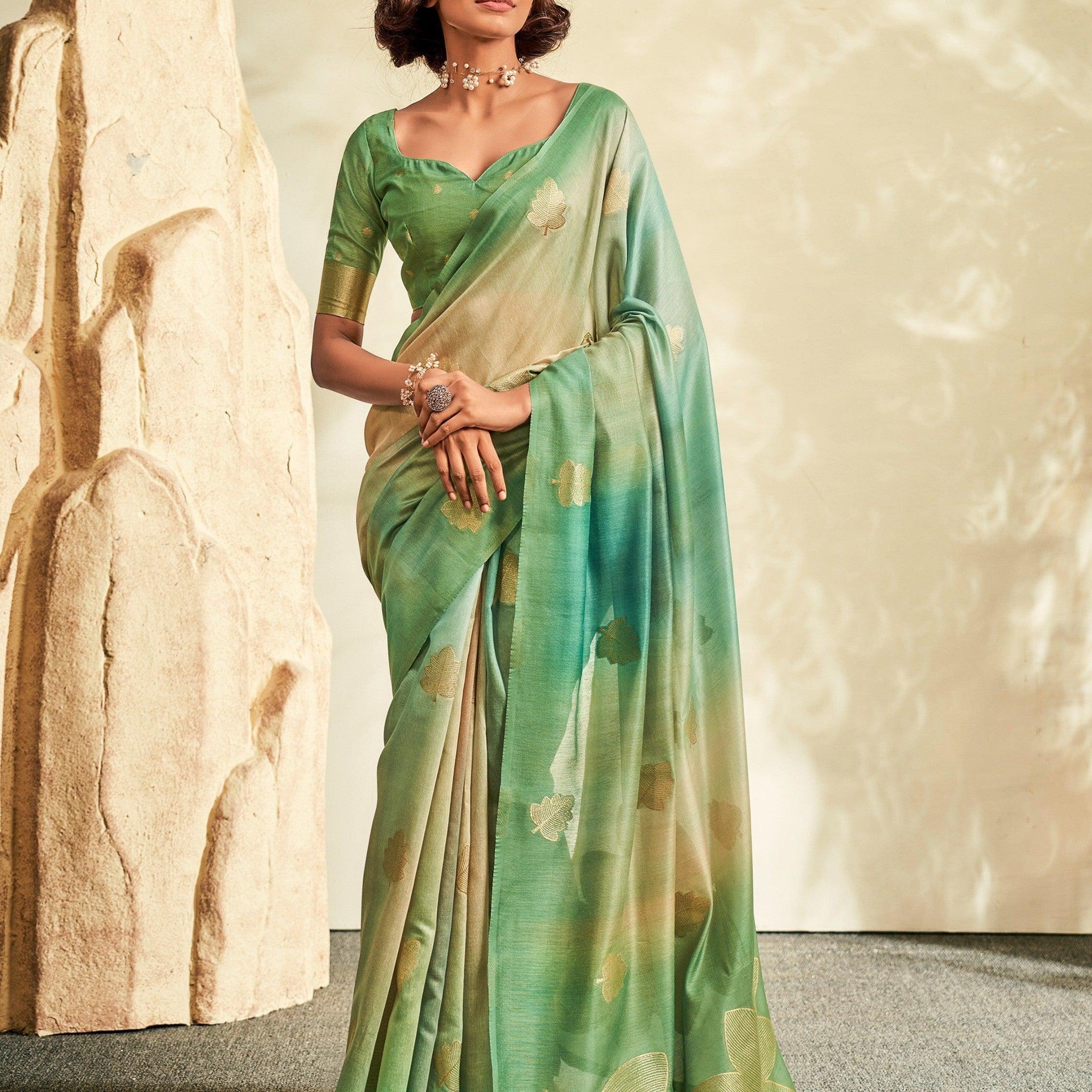 Engaging Green Thread Work Silk Traditional Saree With Blouse