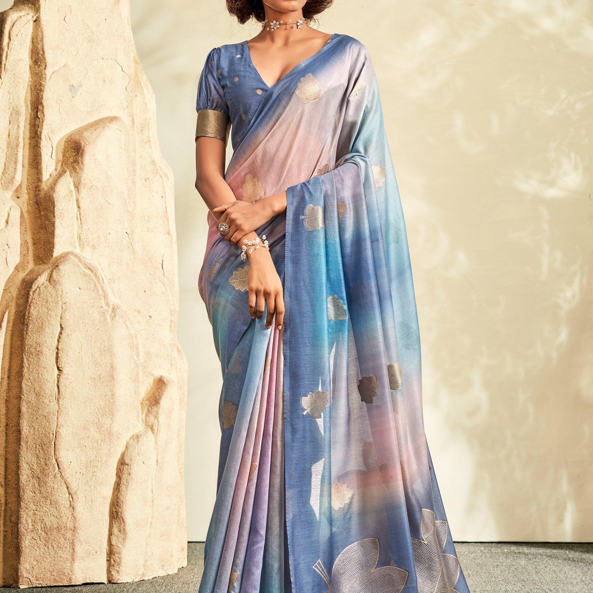 Pretty Blue Thread Work Silk Sangeet Wear Saree With Blouse