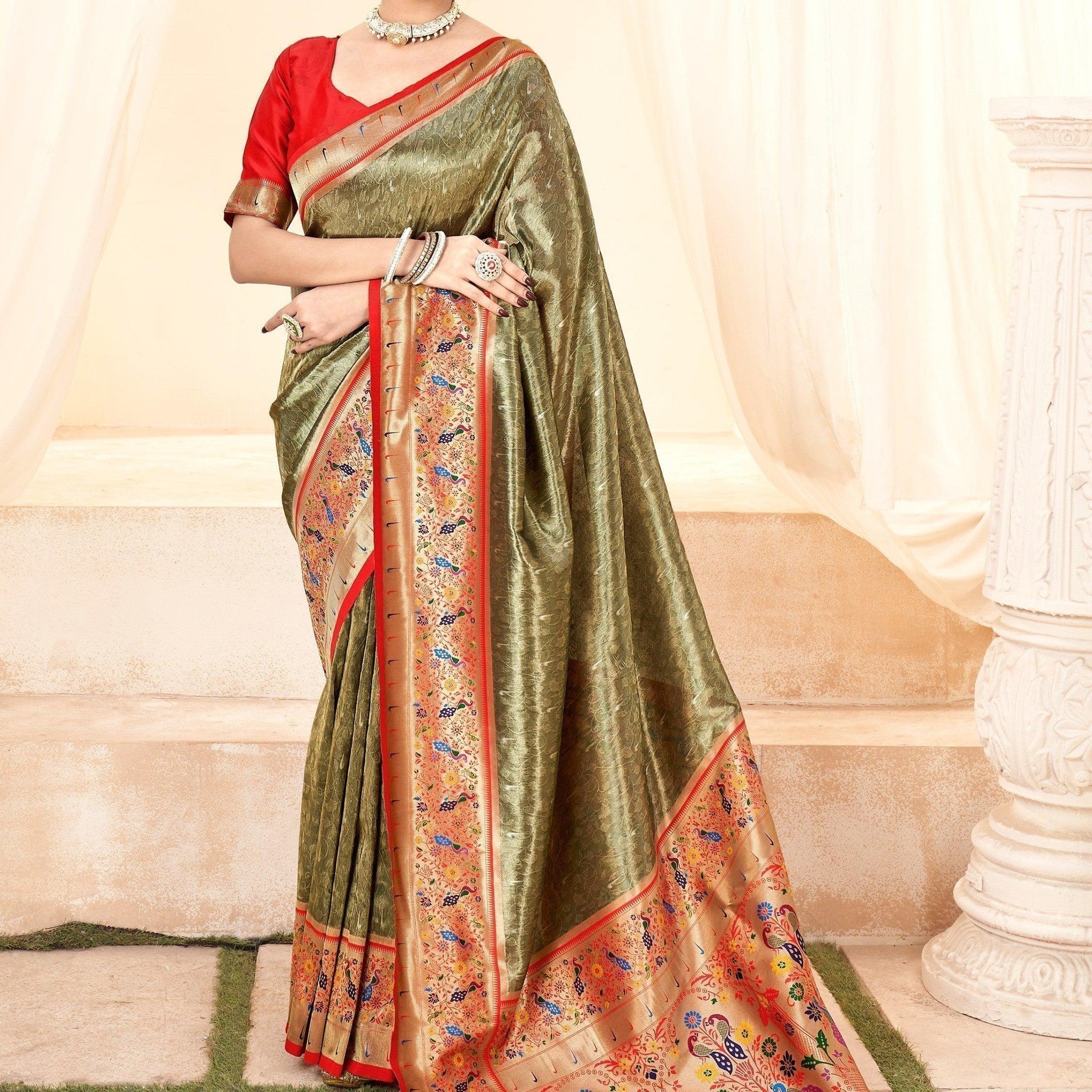 Beautiful Olive Green Handloom Weaving Silk Mehendi Wear Saree