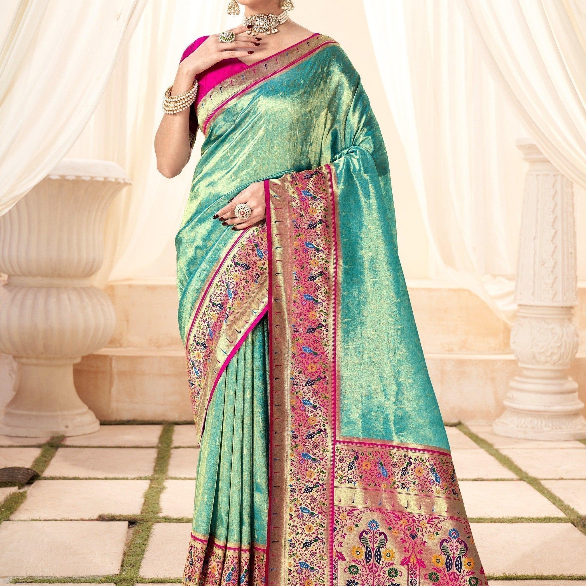 Gorgeous Turquoise Blue Handloom Weaving Silk Saree With Blouse