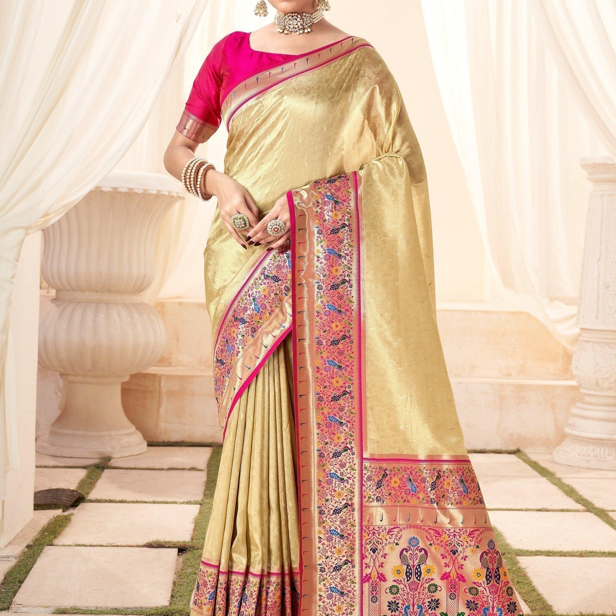Wonderful Beige Handloom Weaving Silk Wedding Wear Saree