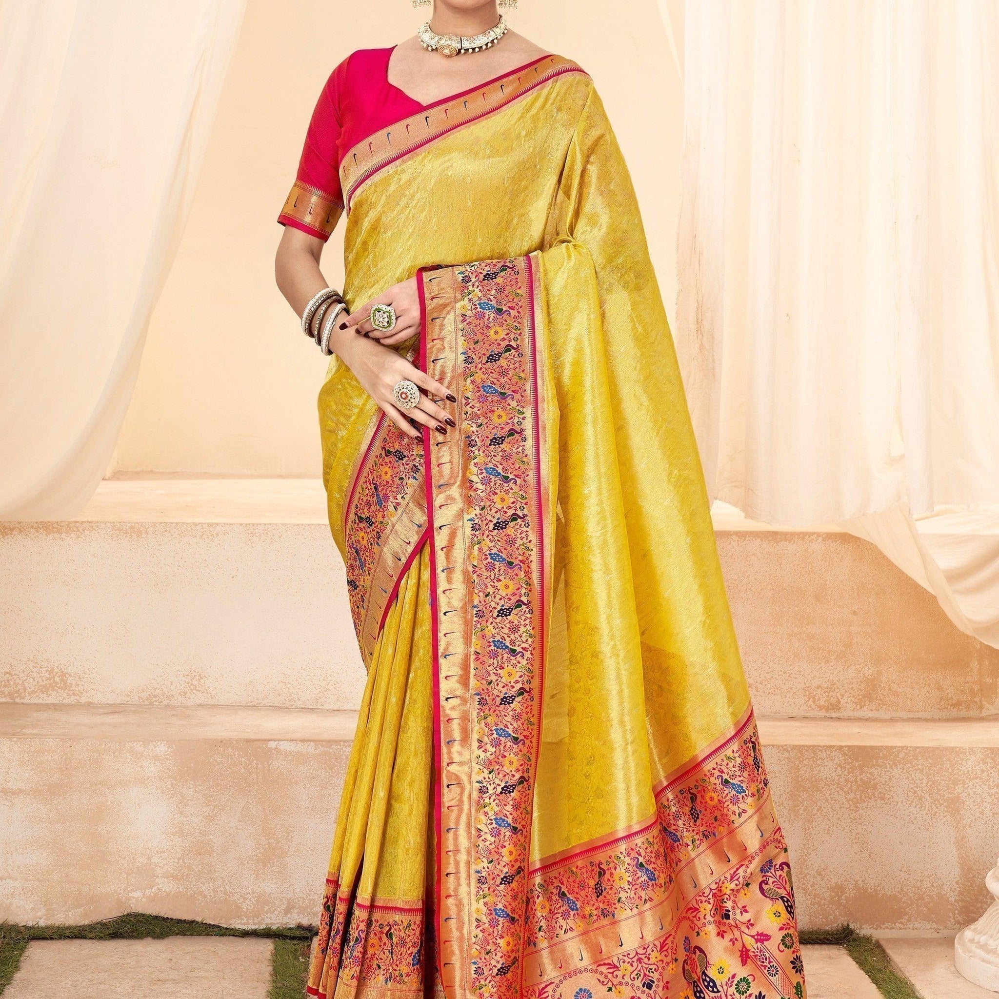 Fabulous Yellow Handloom Weaving Silk Haldi Wear Saree With Blouse