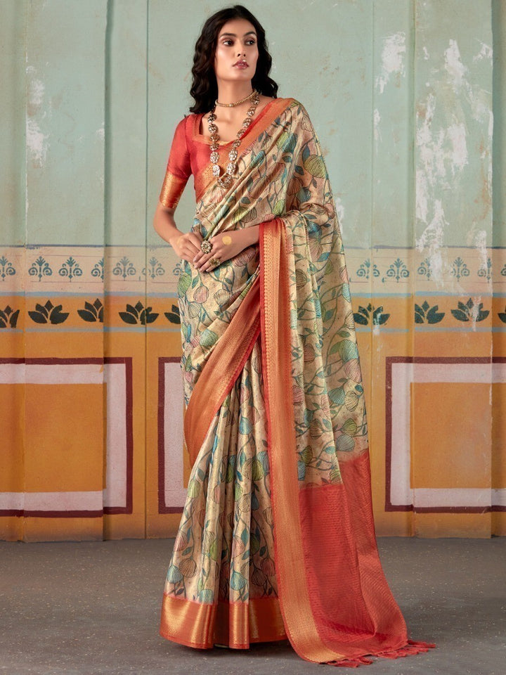 Fascinating Light Green Floral Printed Silk Saree With Blouse