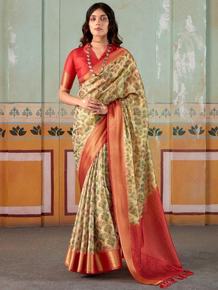 Enticing Cream Floral Printed Silk Function Wear Saree With Blouse