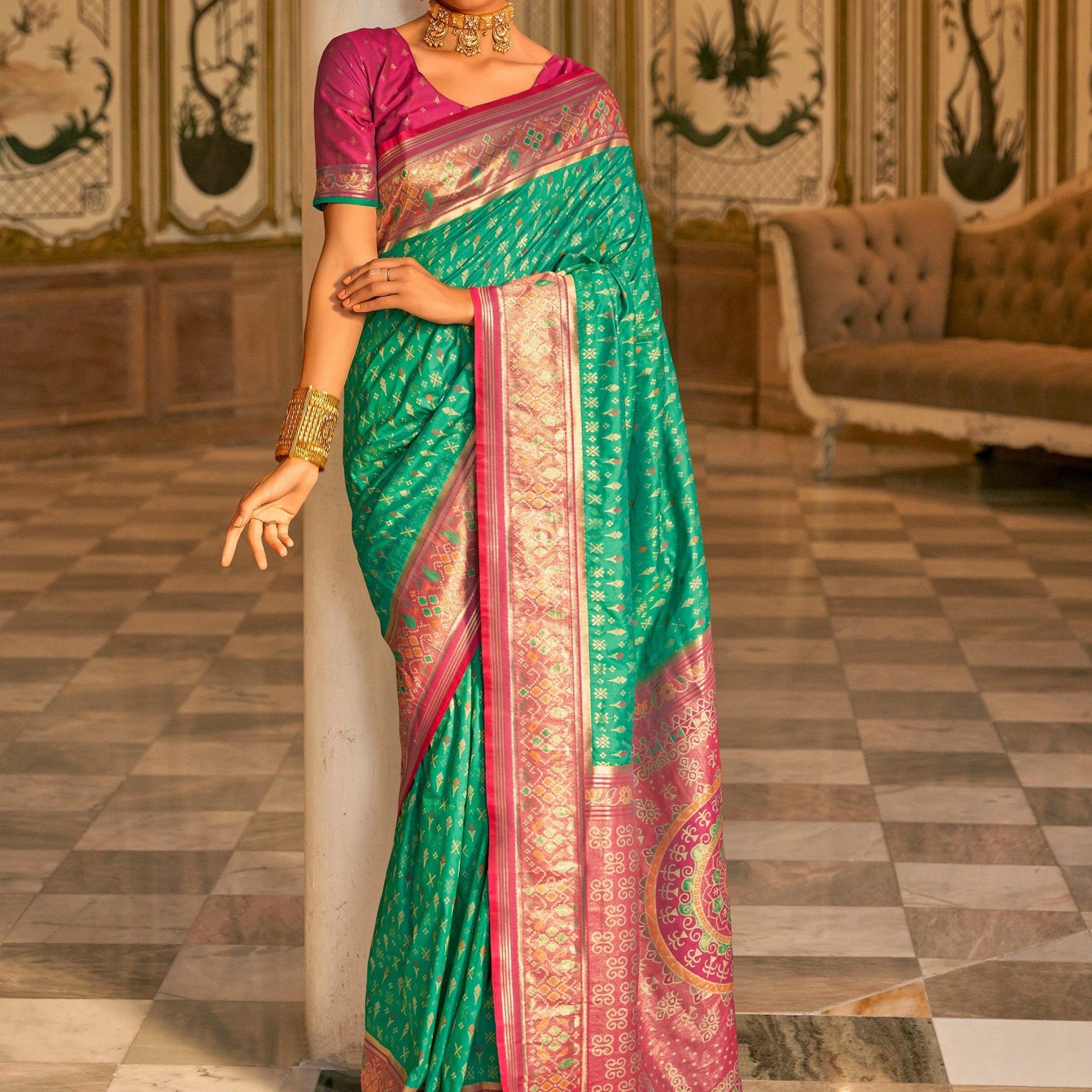 Fascinating Teal Green Zari Weaving Banarasi Silk Function Wear Saree