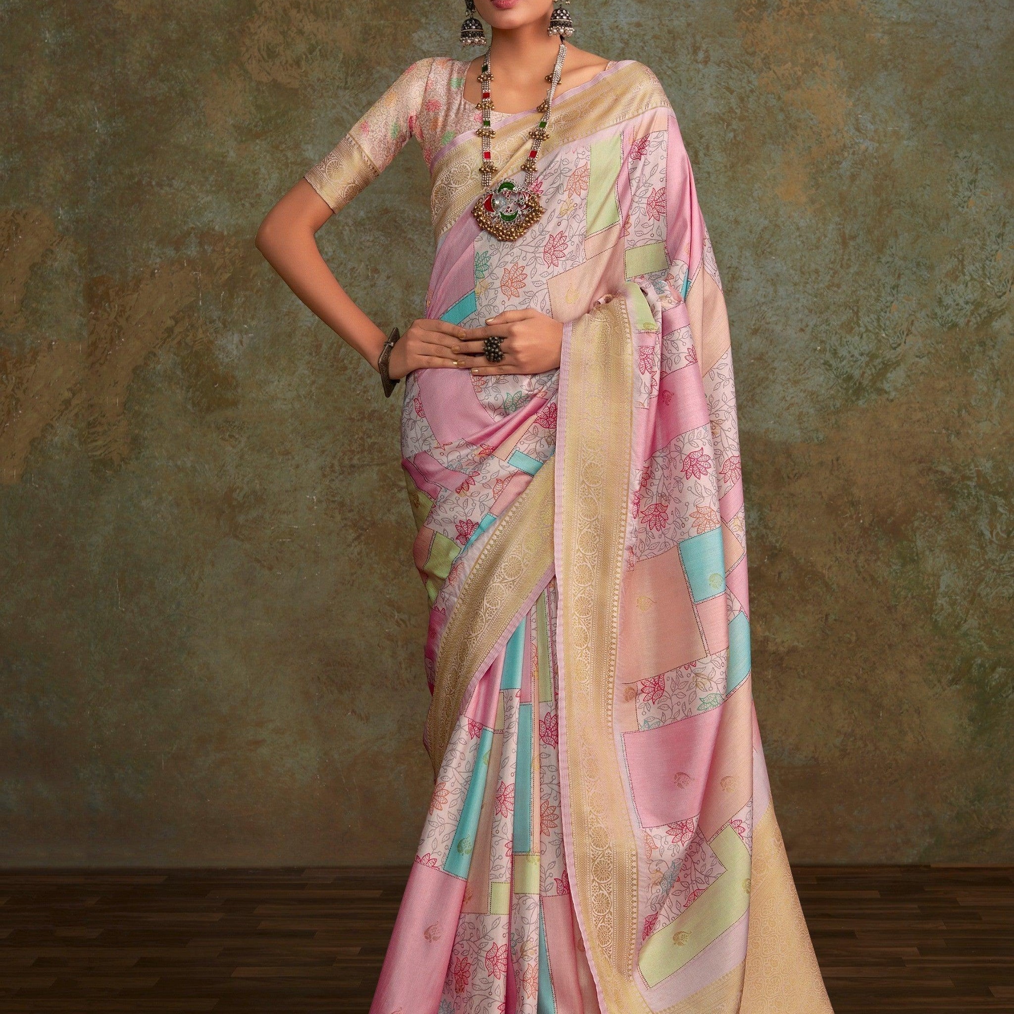 Enchanting Baby Pink Digital Printed Silk Saree With Blouse