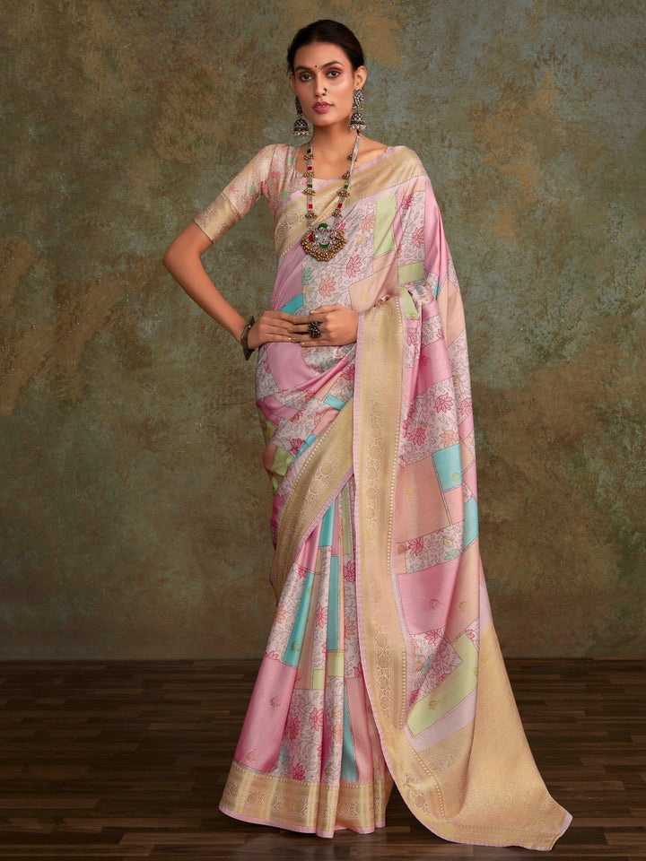 Enchanting Baby Pink Digital Printed Silk Saree With Blouse