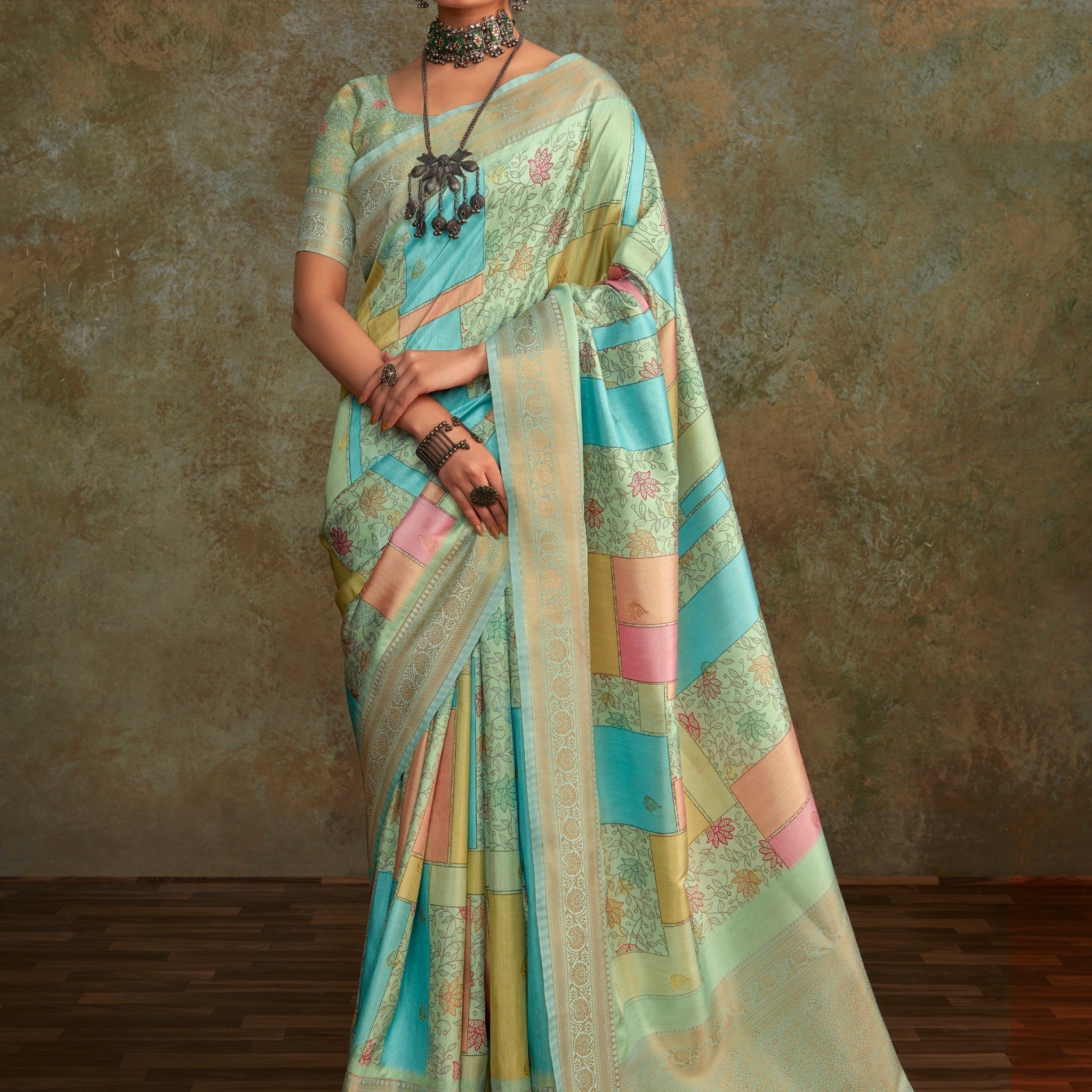 Charming Pista Green Digital Printed Silk Saree With Blouse