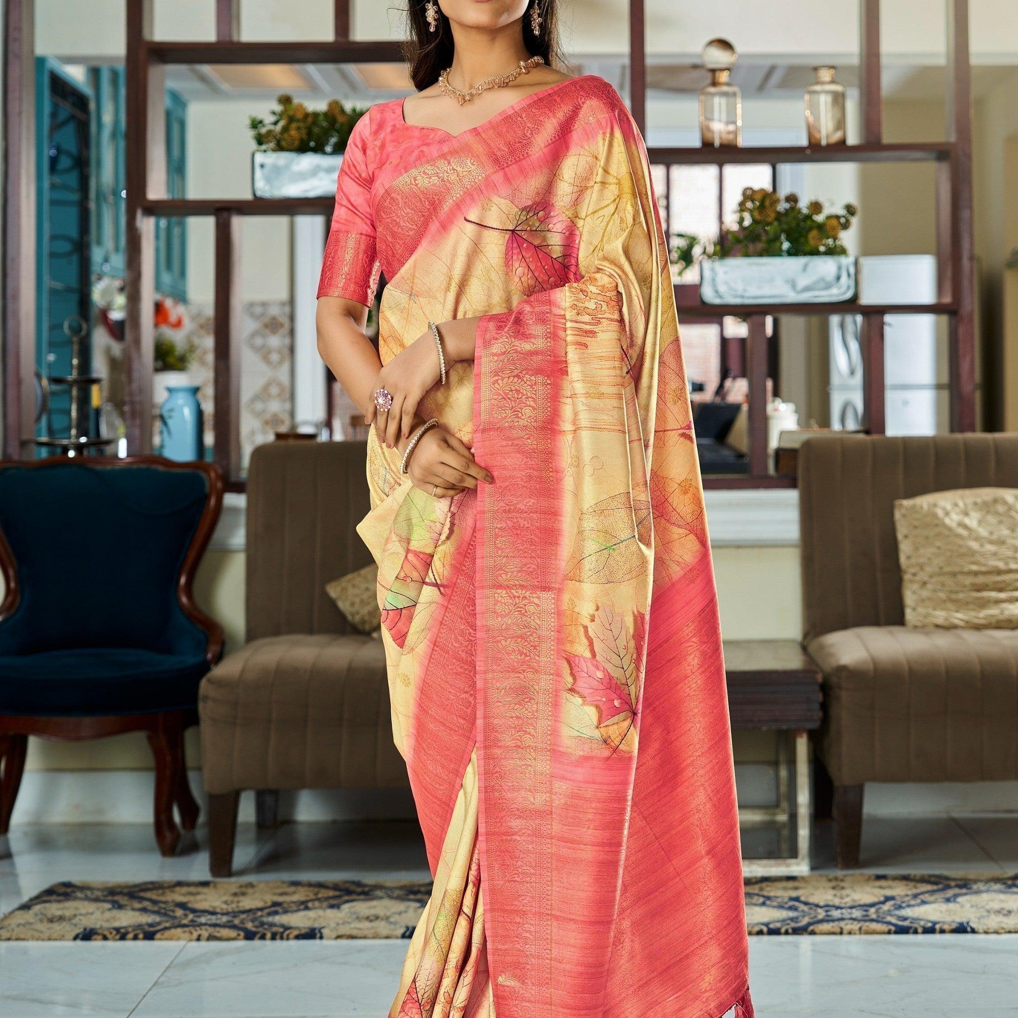 Remarkable Yellow Digital Printed Silk Traditional Saree With Blouse