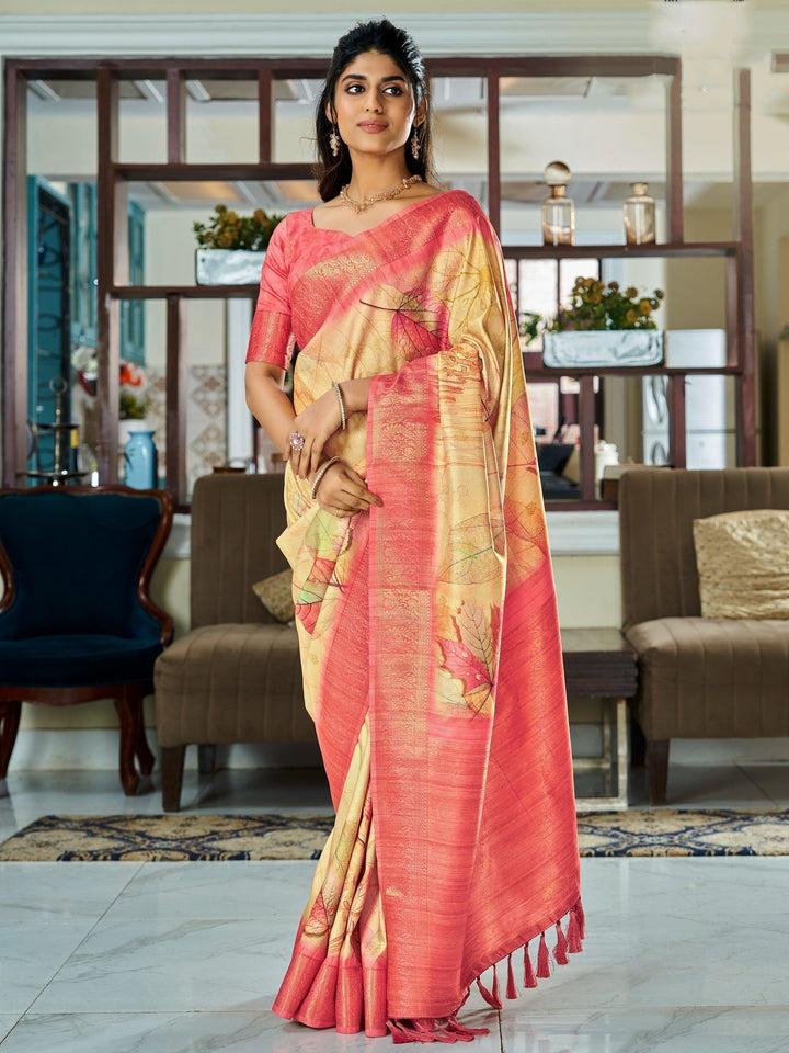 Remarkable Yellow Digital Printed Silk Traditional Saree With Blouse