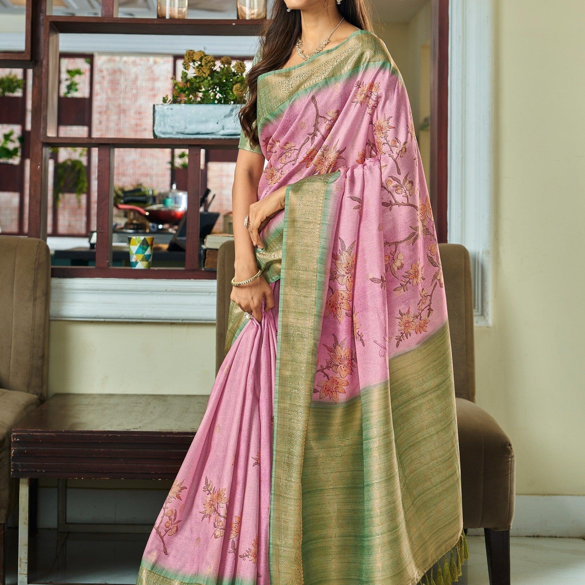 Alluring Light Pink Floral Printed Silk Events Wear Saree With Blouse