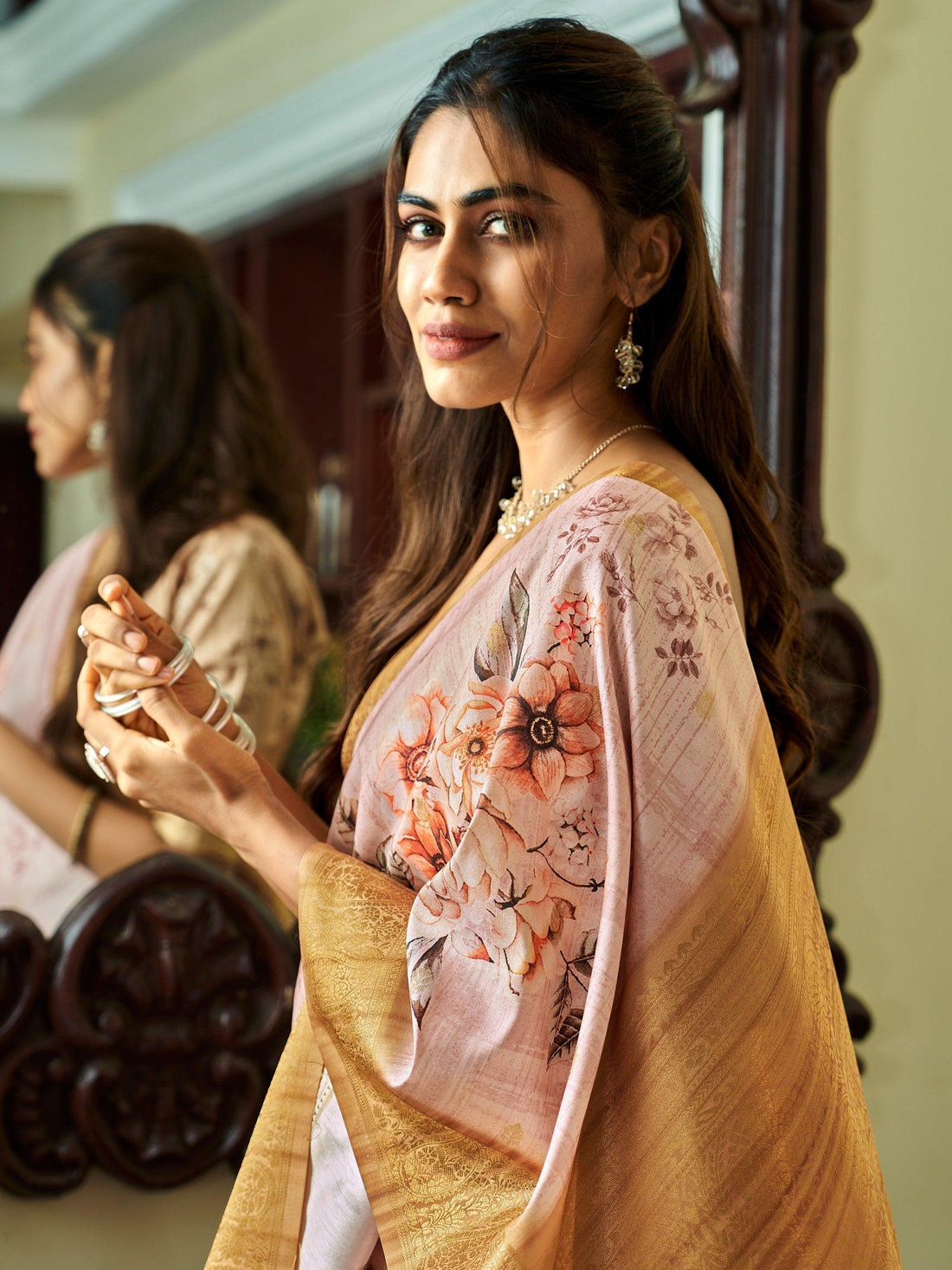 Enchanting Pink Floral Printed Function Wear Silk Saree With Blouse