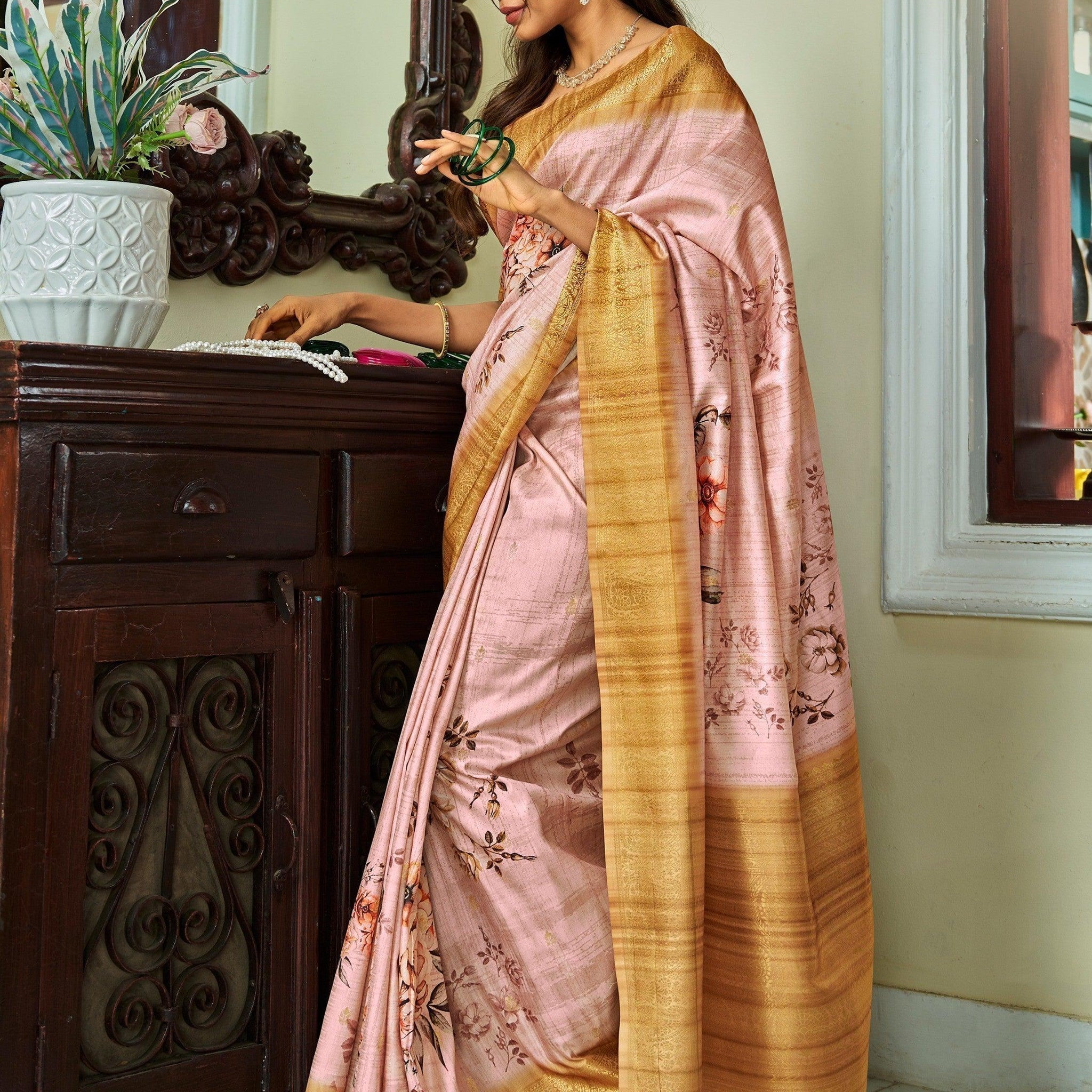 Enchanting Pink Floral Printed Function Wear Silk Saree With Blouse