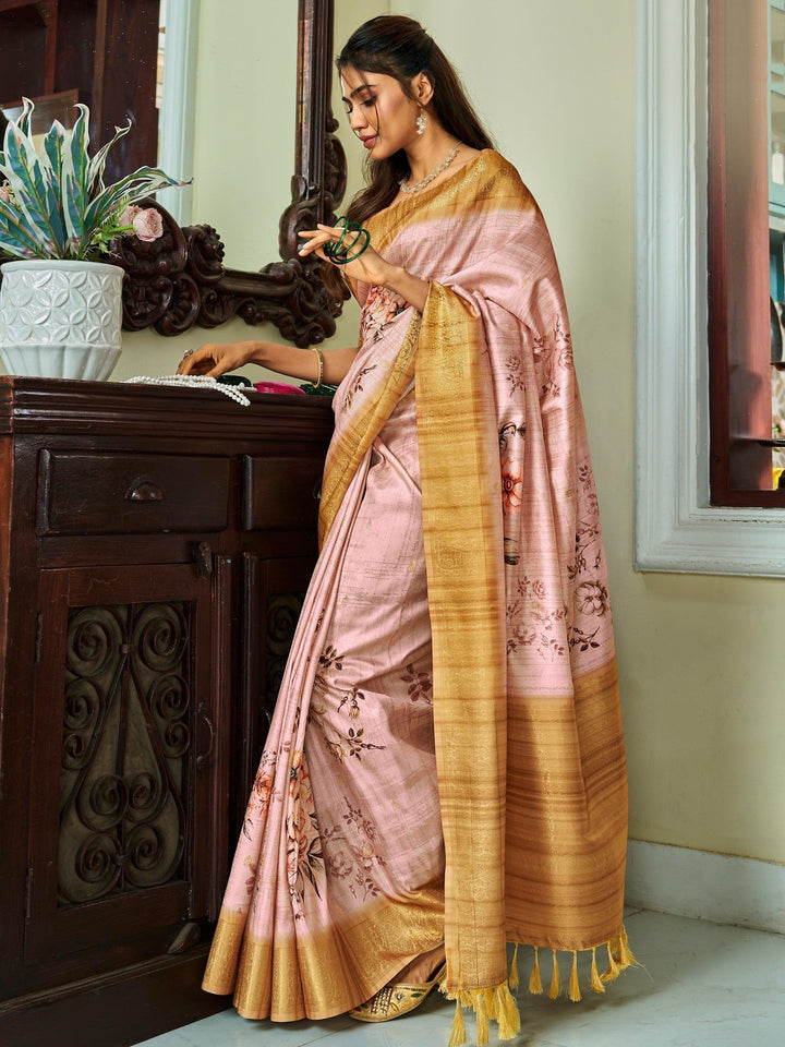 Enchanting Pink Floral Printed Function Wear Silk Saree With Blouse